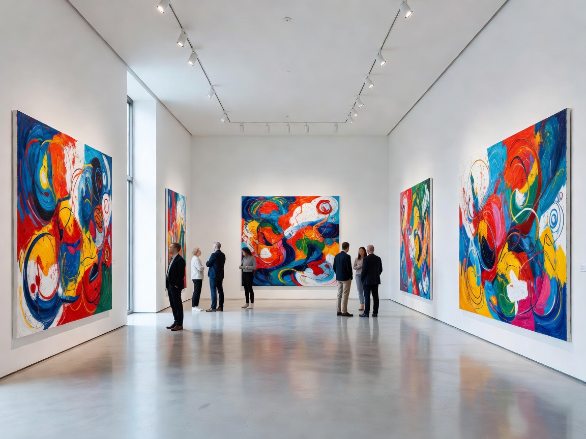 Art gallery interior with abstract paintings