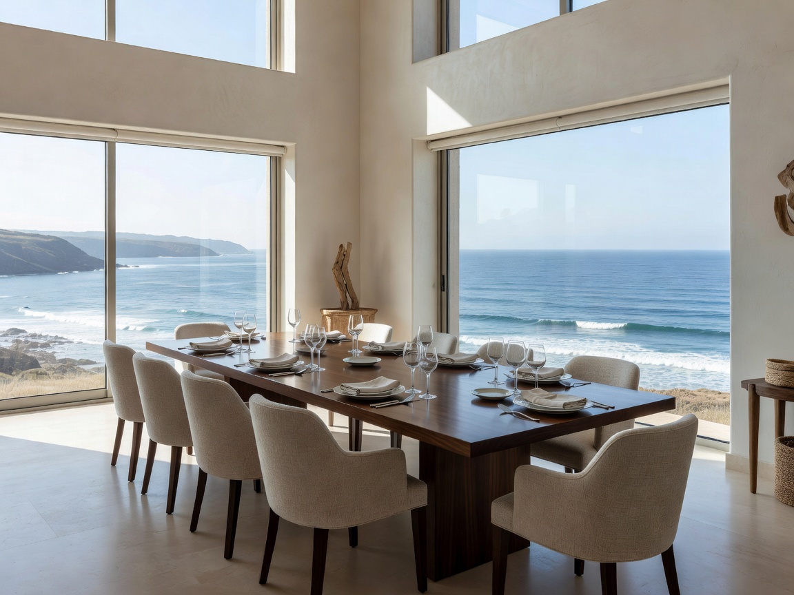 Elegant interior dining room with coastal views