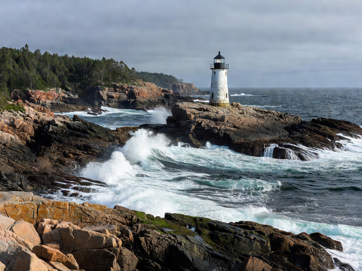 Rocky coastal view with lighthouse in Nova Scotia