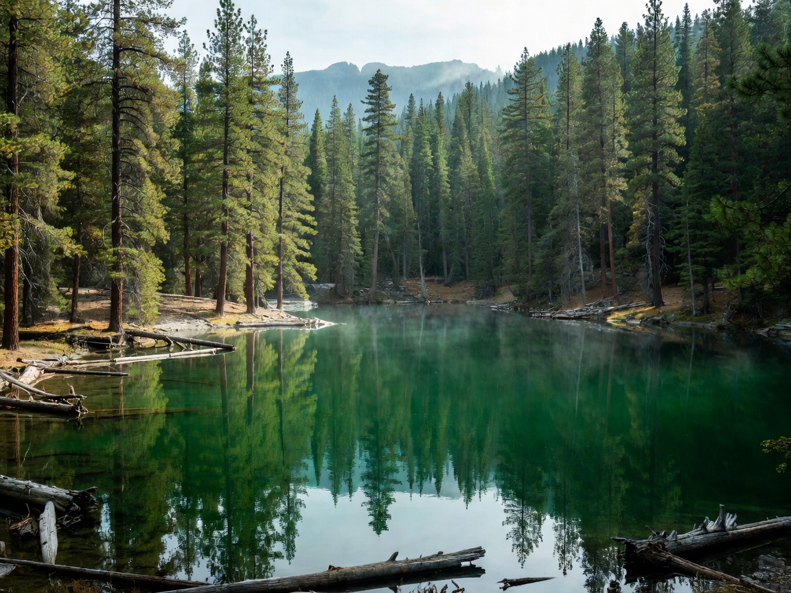 Serene emerald lake surrounded by pine trees in British Columbia